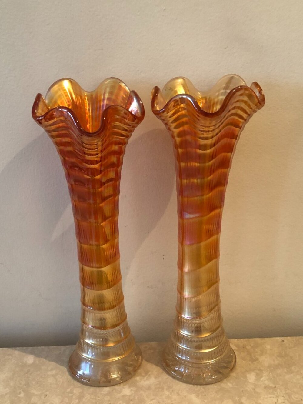 Vintage Carnival Glass Marigold Orange Iridescent Ripple Swung Vase - Set of 2